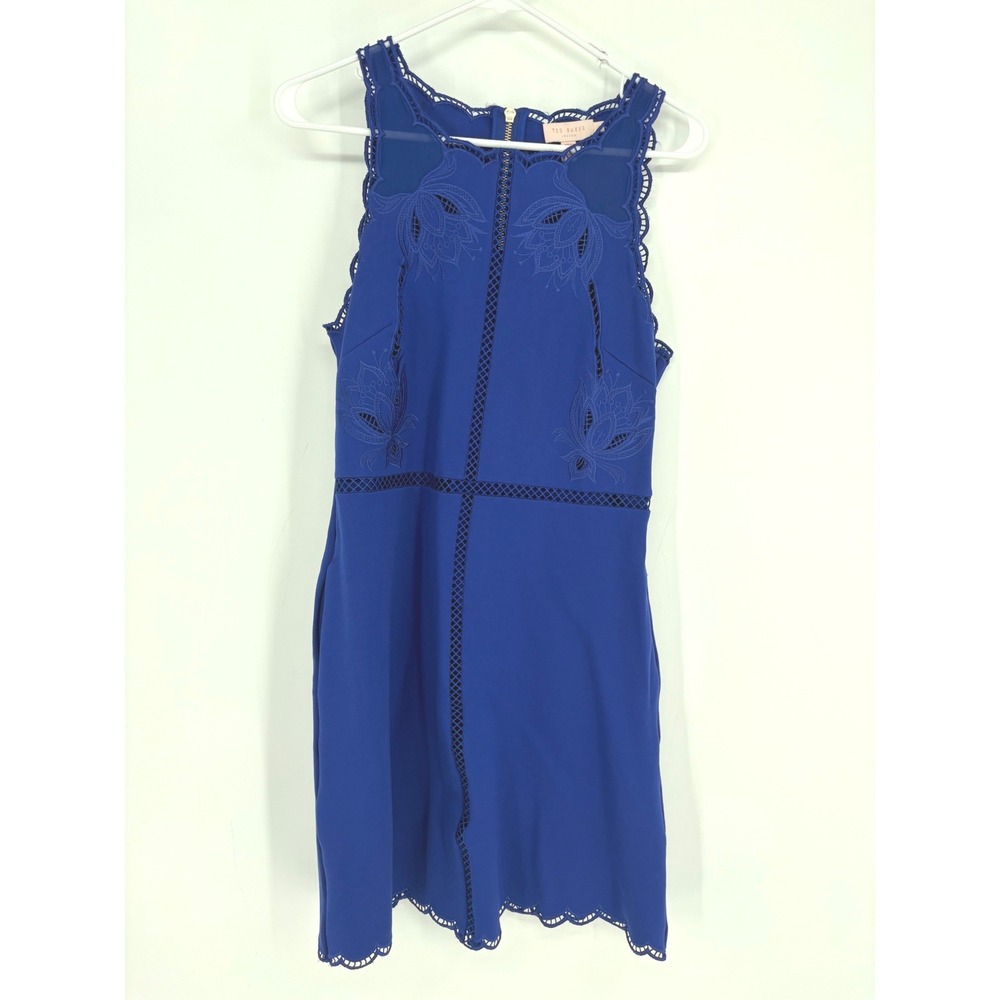 Ted Baker Dress Womens 1 Blue Scalloped Embroidered Lattice Mini Sleeveless Sz 4